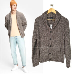 NWT! GAP M Shawl Collar Cardigan Grandpa Fisherman Sweater Cotton Jacket Brown